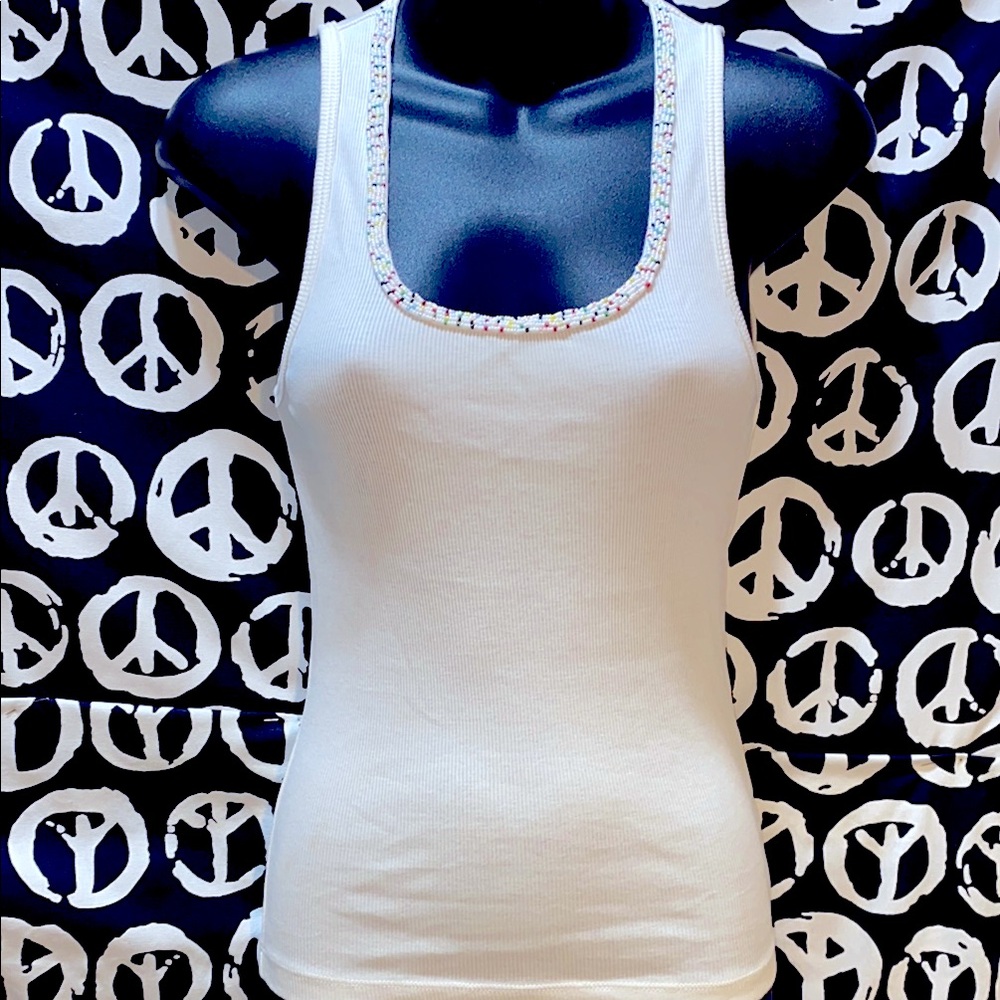 HUGO BOSS White Tank Top with Beaded Trim
